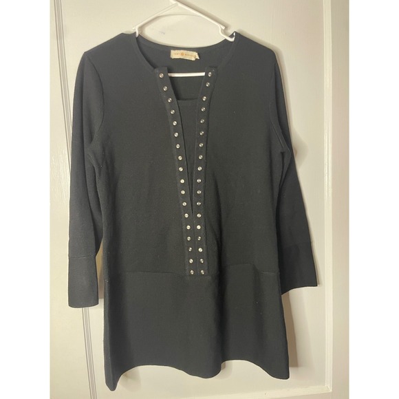 Tory Burch Womens Black Merino Wool Tunic Top Rhinestone Embellished M - Picture 1 of 4